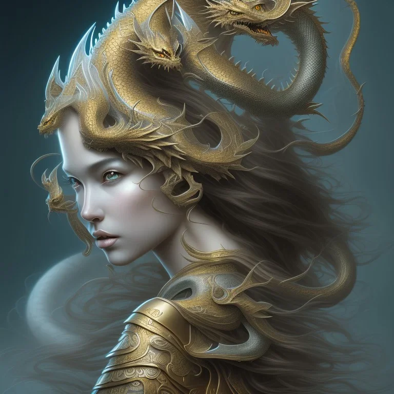 sango fantasy, fantasy magic, intricate, sharp focus, illustration, highly detailed, digital painting, concept art, matte, artgerm and paul lewin and kehinde wiley, masterpiece silver dragon head golden Asian nice breast Afo woman black waves