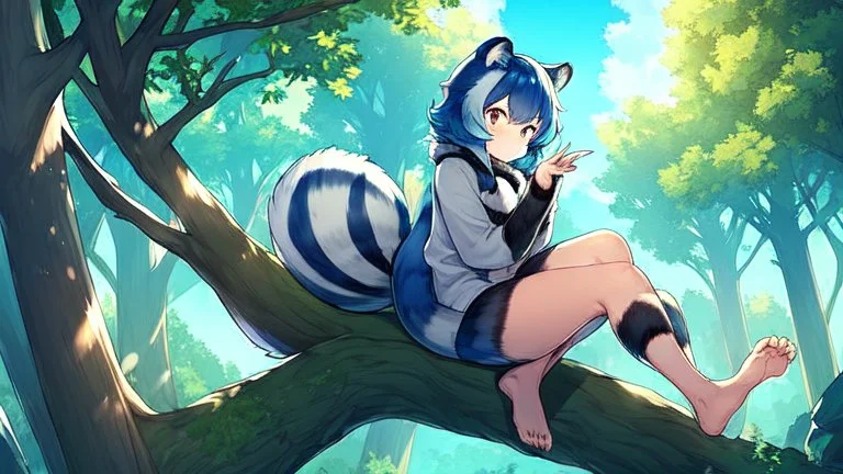 Girl, blue hair, raccoon ears, raccoon tail, raccoon face, forest, sit on tree, raccoon paws on hand, paws on foot