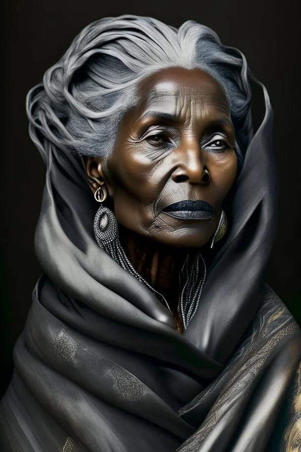 a photo of an Somalian woman with ethnic jewelry, grey hair and grey flowing robe, in style of Annie Leibovitz, contemporary portrait of a mature yet beautiful and modernist woman, black and grey, detailed feminine face, swirling fluid smokey enigma, award-winning artwork