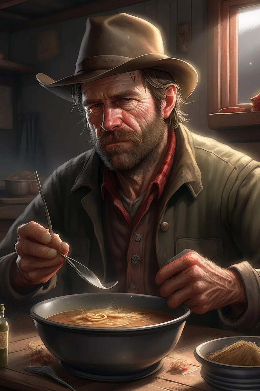 Realistic Arthur Morgan eating ramen