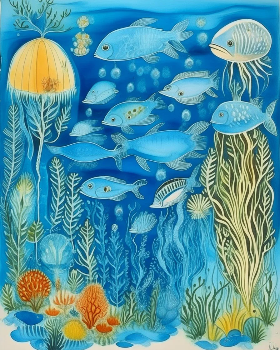 A blue underwater reef with fish and jellyfish designed in German folk art painted by Maurice Utrillo