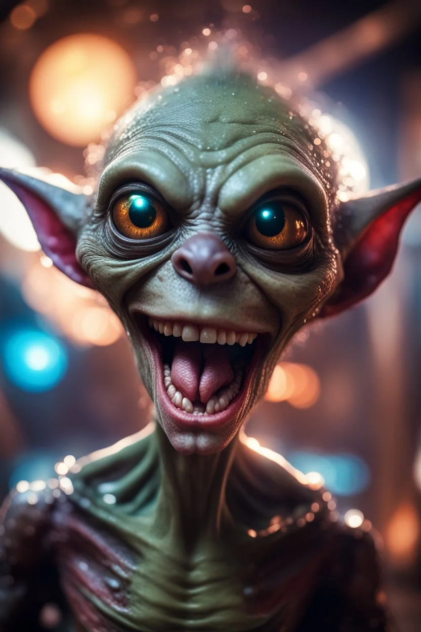 portrait through dirty warped lens of ultimate transcendent happy chat gremlin vampire alien frown with spotlights and huge licker tounge sticking out, in front of space portal dimensional glittering device, bokeh like f/0.8, tilt-shift lens 8k, high detail, smooth render, down-light, unreal engine, prize winning