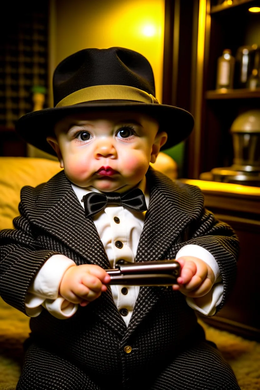 Baby Mafia boss as Al Capone with Tommy gun