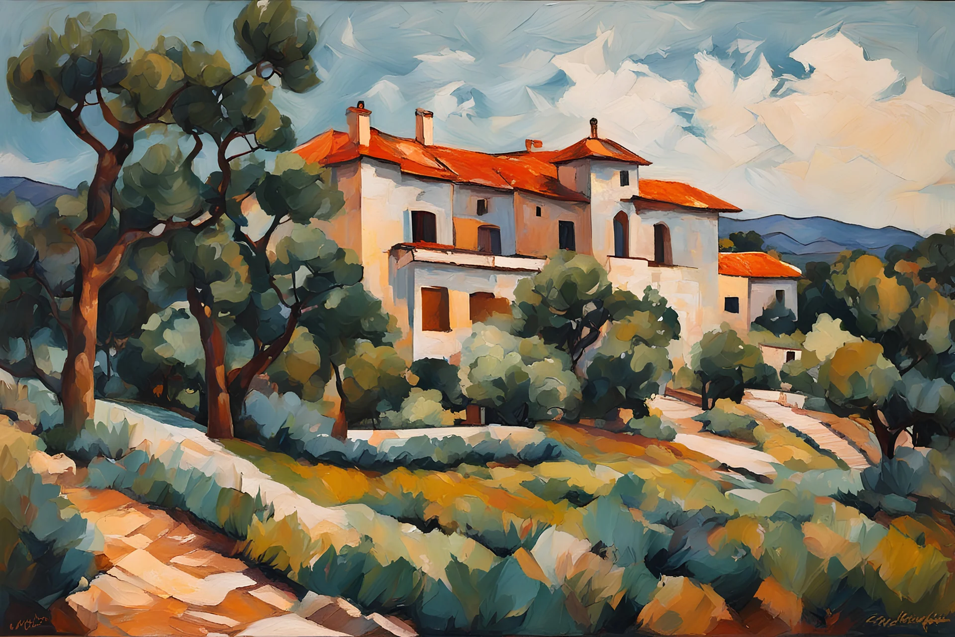 palette knife painting of a placid Spanish villa set amidst surrounding olive groves , in the Expressionist style of Egon Schiele, Oskar Kokoschka, and Franz Marc, highly detailed in muted natural colors with fine detail outlining and shading