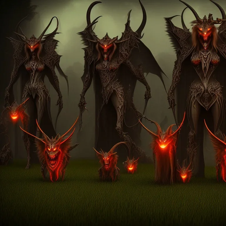 daemons waiting in front of fence, epic, dark, best quality, high resolution,