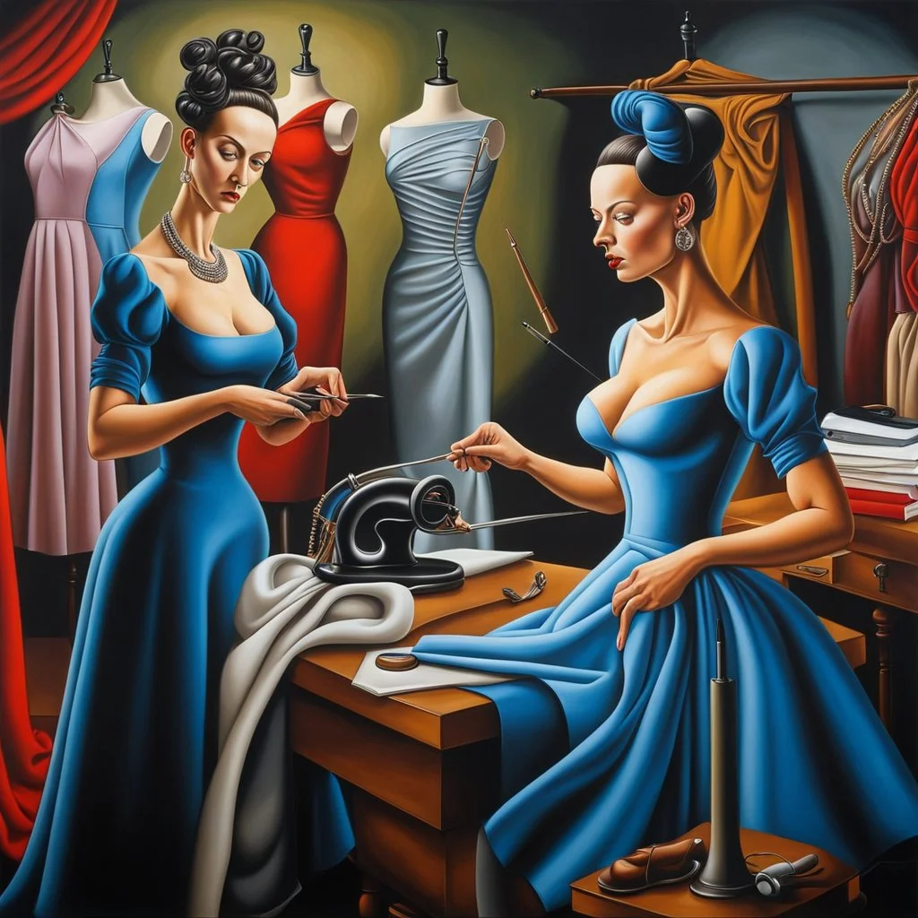 Two tailor women making dresses, fantasy style by artist "Catherine Abel" highly detailed elegant beautiful crisp quality, colourful, by artist "Salvador Dali", Renaissance, by artist "Jean Baptiste Sponge"