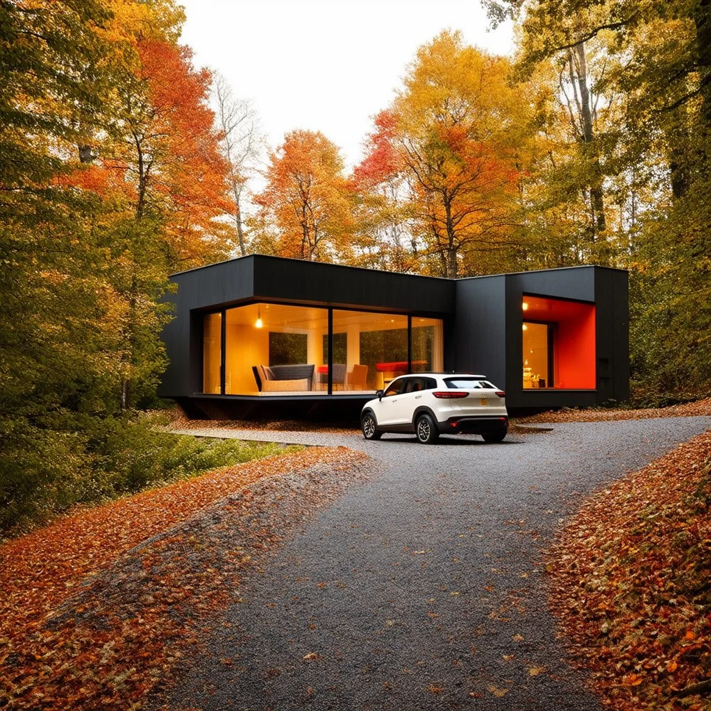 Cozy forest retreat, futuristic modern house in an autumn forest of vibrant colors. Contemporary design with clean lines and large windows, which radiate a feeling of warmth and comfort. A white car parked on the winding driveway leading to the house adds a touch of modernity to the rustic surroundings. The path is dotted with fallen leaves. Around the house, dense mix of green, orange and yellow foliage. 8k