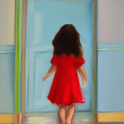 Distant Painting of a little girl walking out ofa room