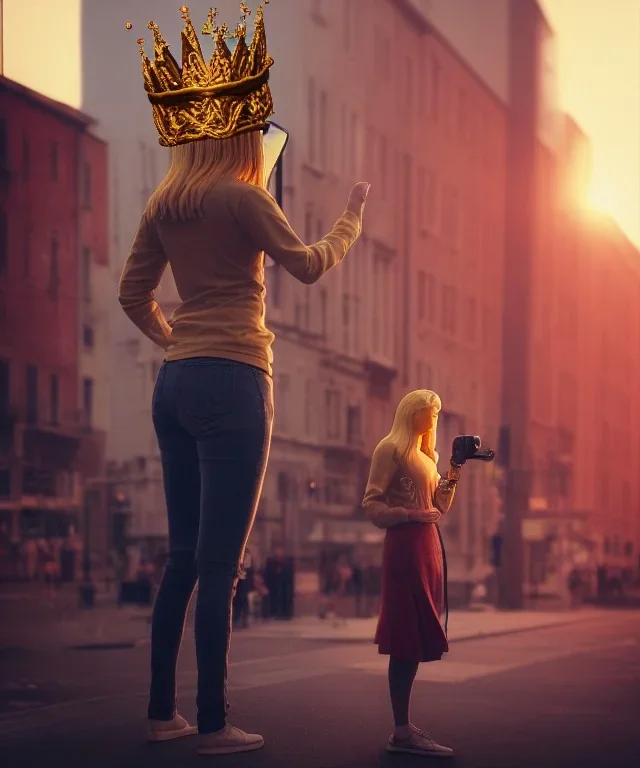 Statue of Queen of photography. Cute blonde woman. Photographer in golden crown. Standing on the street. Big camera in her hand. hyperdetailed, photorealistic, trending on artstation, greg rutkowski, beksinski, kodachrome, lomography, golden hour, bokeh, volumetric light