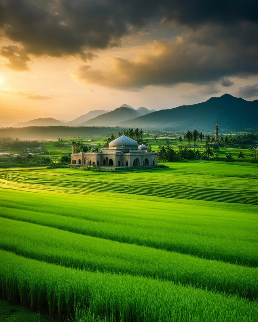 Photography Art beautiful dramatic evening ,Islamic Mosque ,rice paddy fields,green mountain background,imaginative photoshoot fromfar