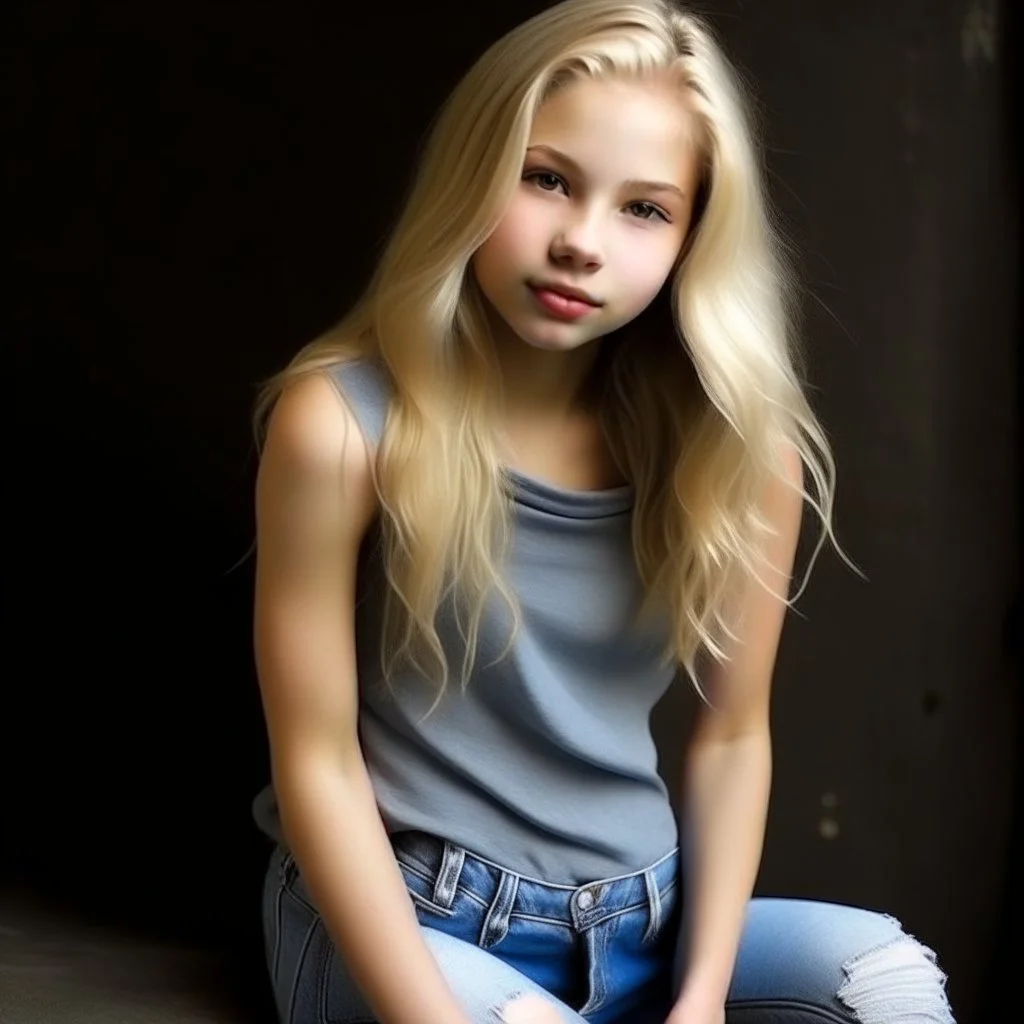 pretty girl, aged 12, blonde, conventionally attractive, dreamy, jeans, tight top