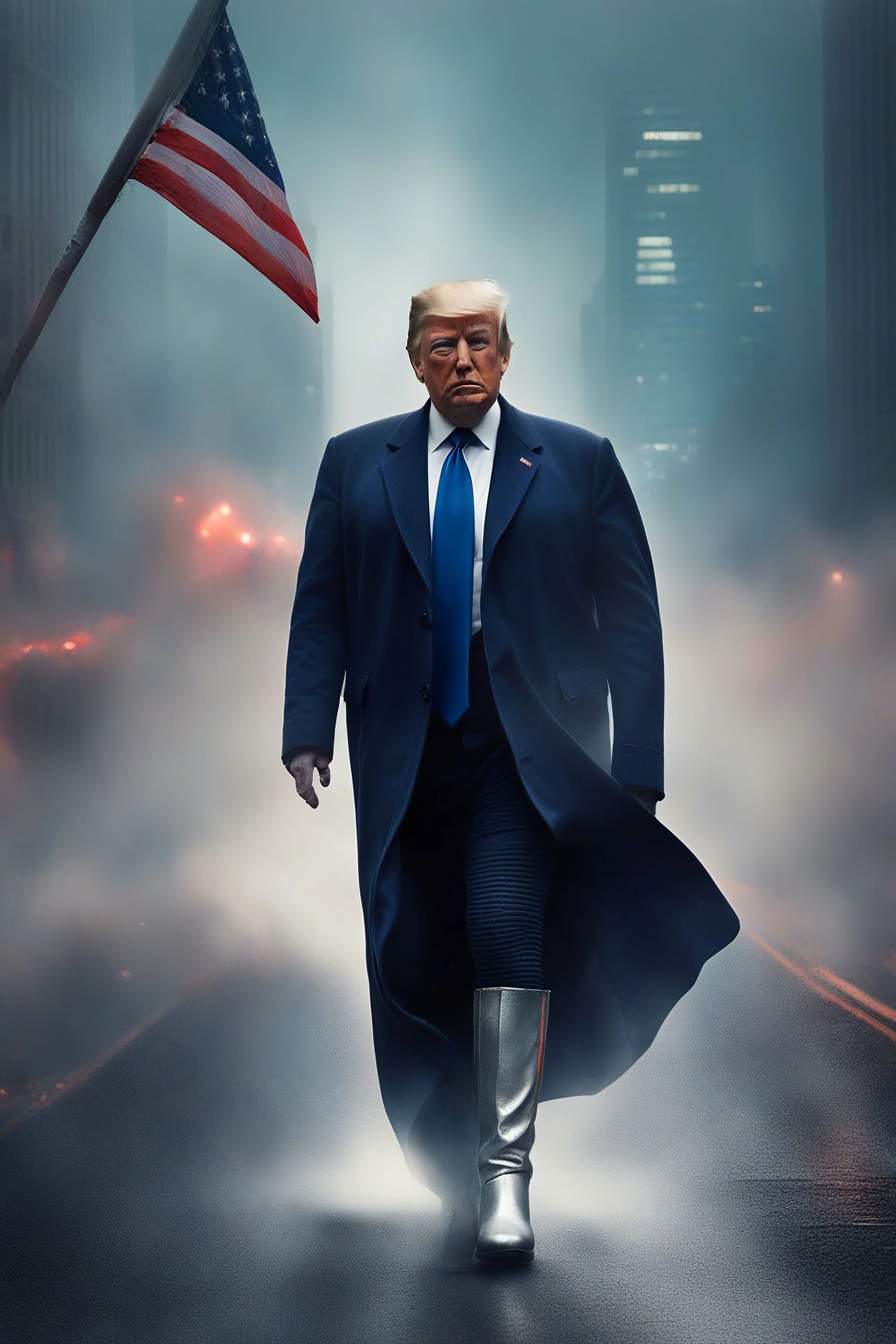 Extremely Muscular, Donald Trump as 'Maga Man,' Extremely Muscular, overly exaggerated muscles, Skintight, formfitting Levi Strauss bodysuit, US Flag cape, silver boots, Multicolored vortex, multicolored lightning, neon lit futuristic cityscape, mist, fog, speed, extremely overexaggerated musculature, "MAGA MAN"