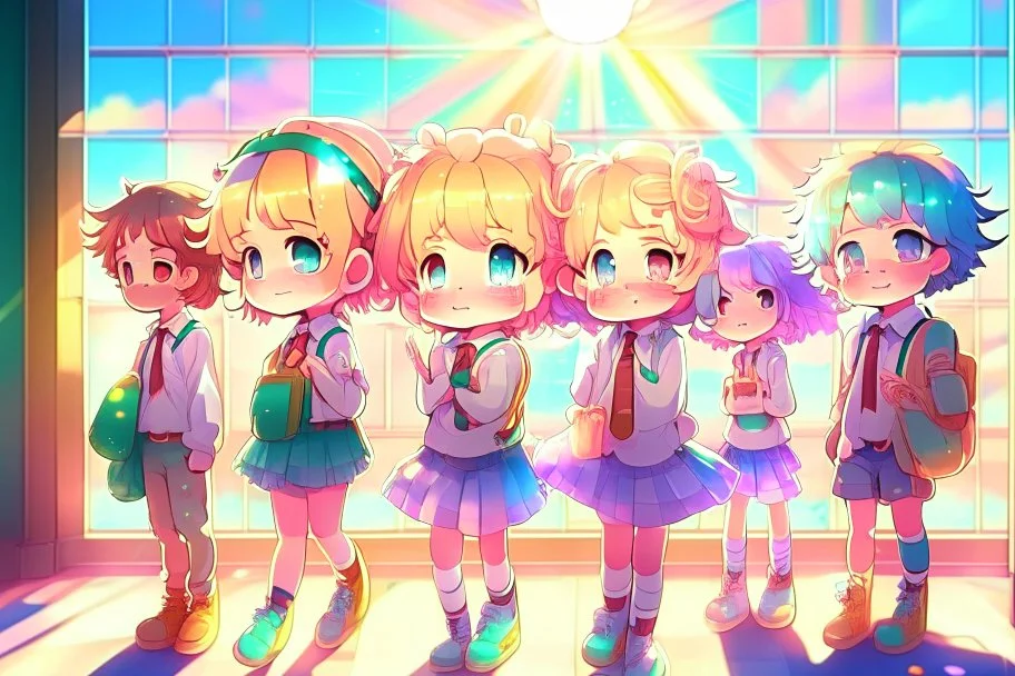 cute chibi holographic girls and boys in the school in sunshine