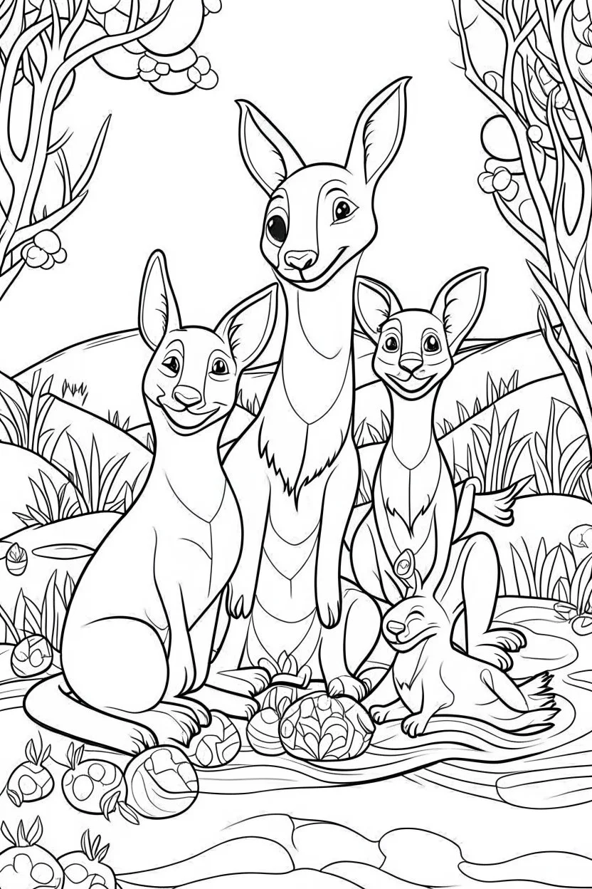 HAPPY NEW YEAR colouring page for kids,Kangaroo family joy, thick outline, low details, no shading, no colour