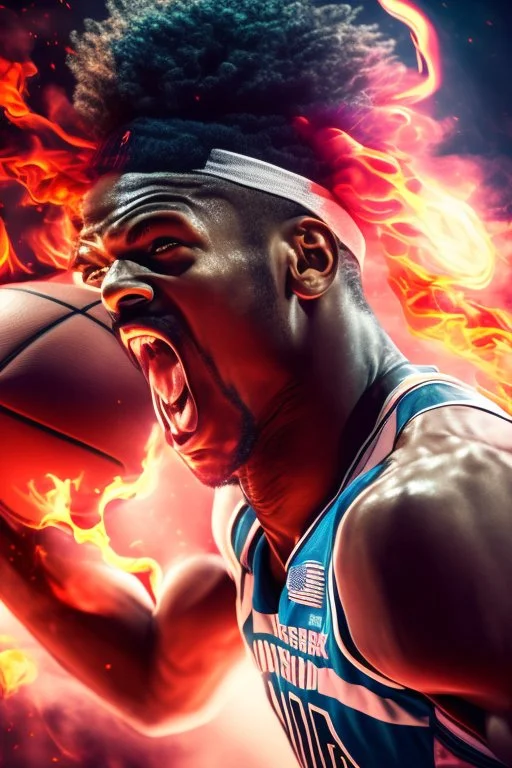 8k, highly realistic and detailed image of a NBA basketball player in action dunking the ball in the net, sweaty hair, screaming look,action and smoke and flames background