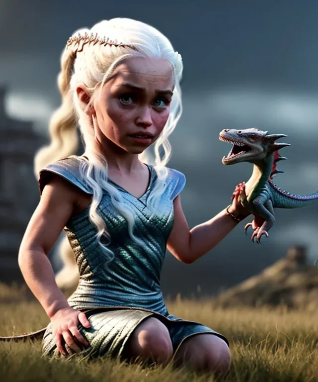 Daenerys Targaryen toddler, dragon, full body, dramatic lighting, angry, hyper realistic,