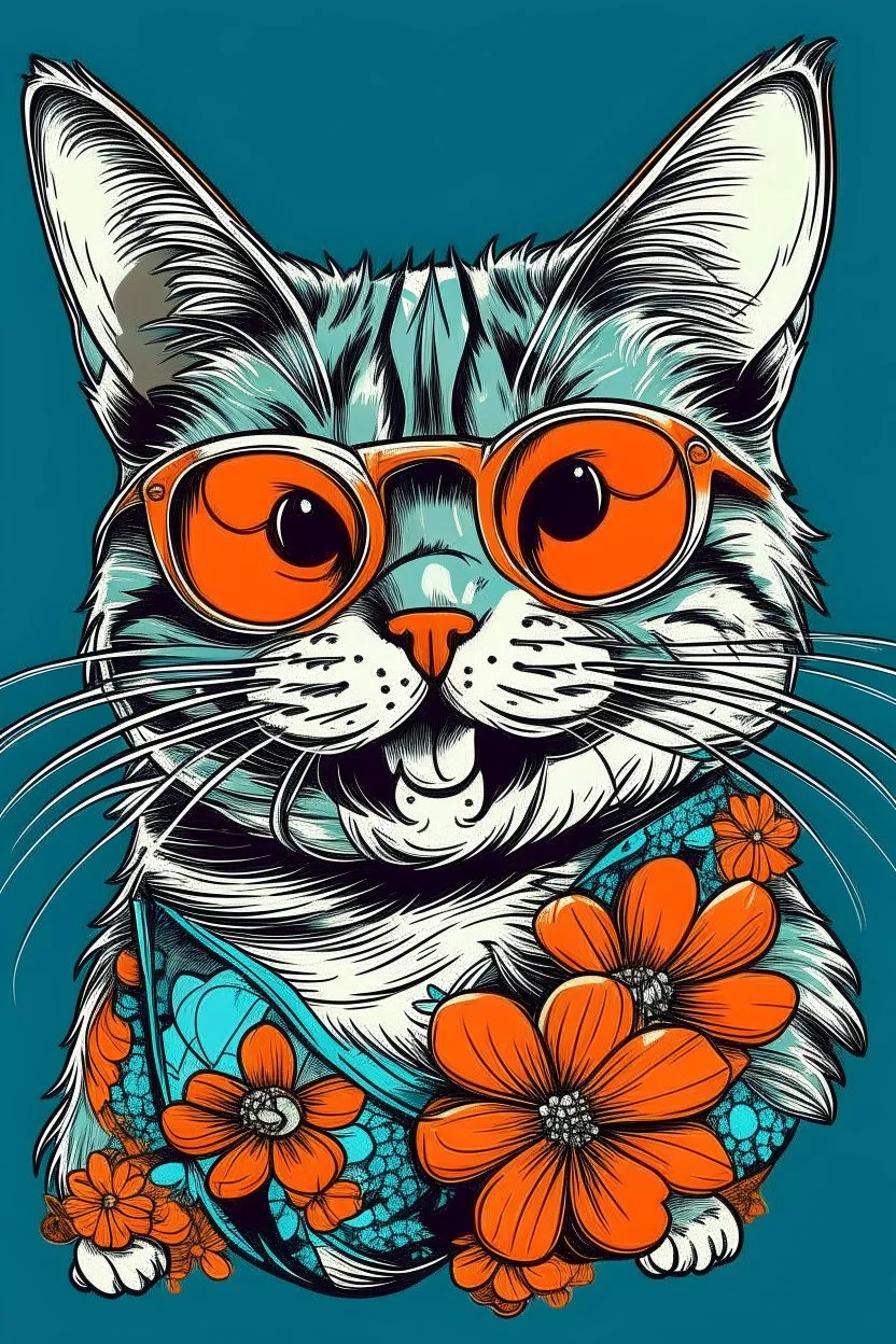 A groovy CAT with a wide, toothy grin, rocking sunglasses and a flowered shirt. Style: Pop Art, Mood: Fun and Funky, Lighting: Bright sunlight, T-shirt design graphic, vector, contour, white background.