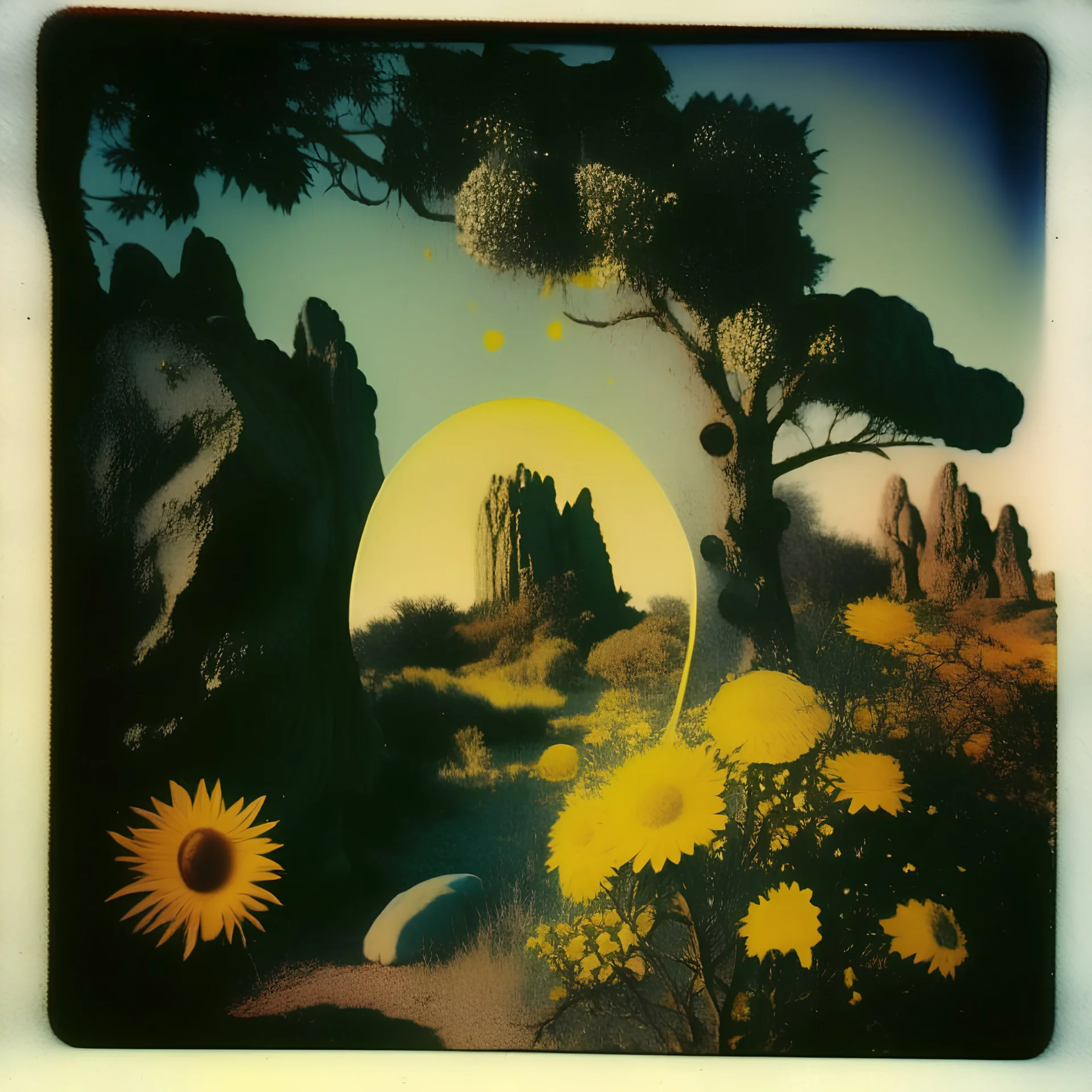 Polaroid photo of a peaceful marvelous landscape, trees, flowers, giant sun, bas-relief, decal, very spooky figure, intricate, rock formations, atmosphere of a Max Ernst painting, Henri Rousseau, thoughtful, interesting, a bit appalling, smooth