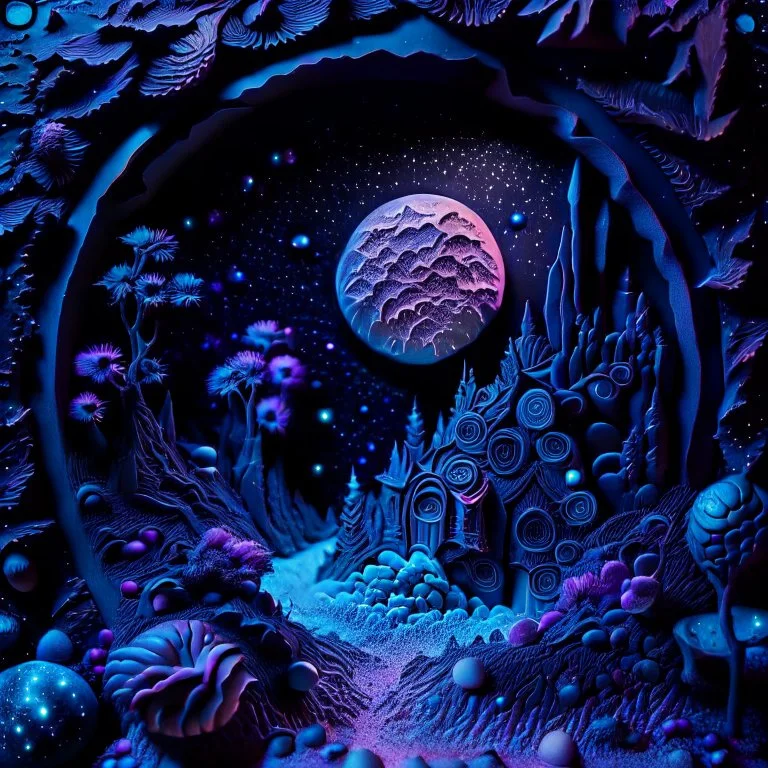 Detailed creepy landscape made of modeling clay, stars and planets, Roger Dean, Tim Burton, strong texture, Ernst Haekel, extreme detail, Max Ernst, decal, rich moody colors, sparkles, bokeh, odd