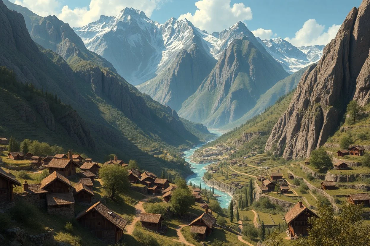 Imagen estilo Dungeons & Dragons de una aldea al pie de una montaña con gigantescos desfiladeros planos. Las casas son irregulares, construidas con madera, barro, piedra y techos de paja. La aldea se extiende en terrazas agrícolas por la ladera de la montaña, con caminos y granjas interrumpidos por ríos de deshielo serpenteantes. Incluye robles y lapachos centenarios dispersos entre las casas y plazas. Los caminos se adentran en la montaña desde las terrazas