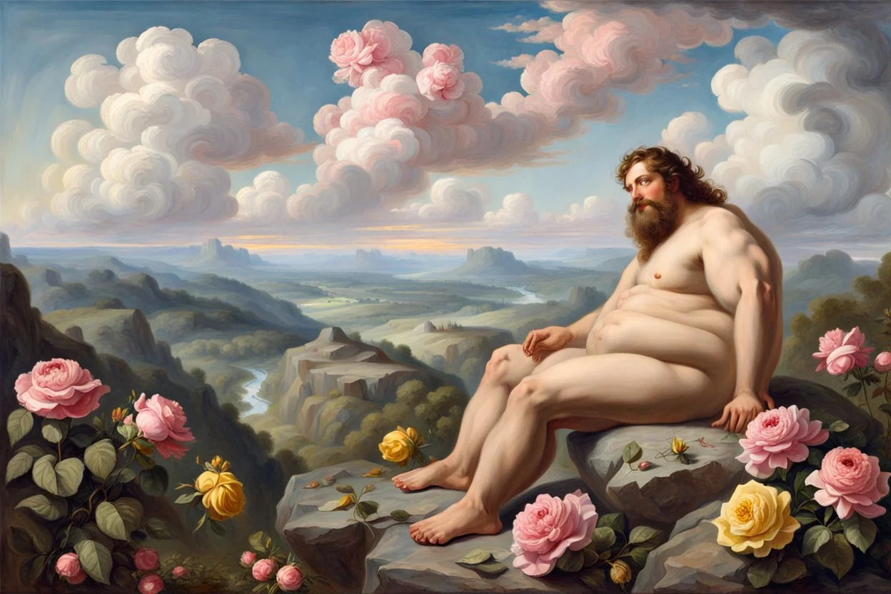 a handsome, fat man with a well-groomed, bearded face and long, curly hair. He is sitting naked on a rock, surrounded by a picturesque valley adorned with pink and yellow rose flowers. The spring sky above is adorned with breathtakingly beautiful clouds. like oil paintings 19th century