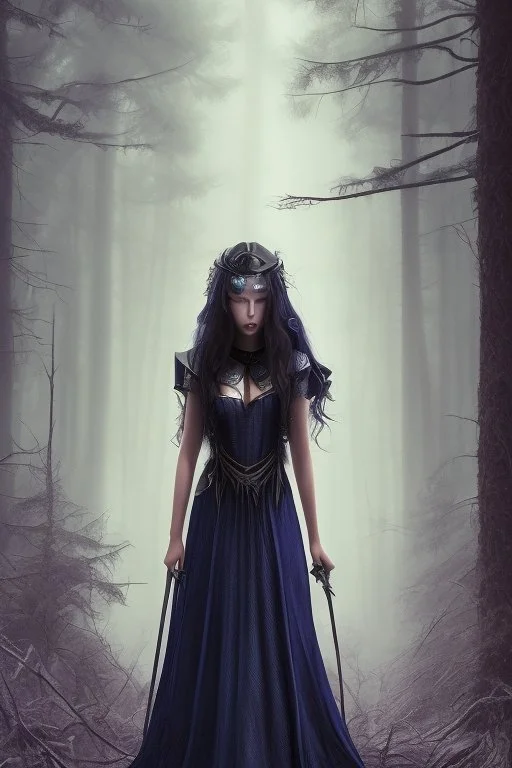 A princess in a dark indigo dress and very long black hair walks through a dark forest full of trees with her knight