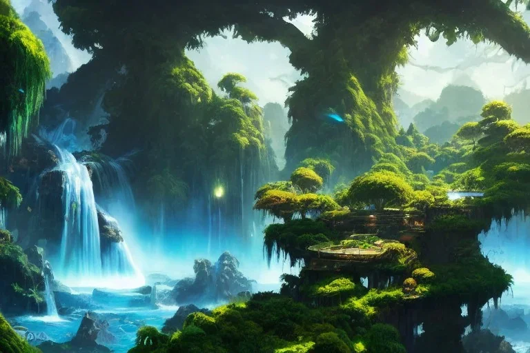 Art by Dylan cole and Eddie mendoza and darek zabrocki, Avatar concept art, pandora, hovering island with waterfall, magnificent landscape, ultra-wide angle, ultra realistic, digital painting, 8 k uhd, dynamic lighting, beautiful, sharp focus, ultra detailed, concept art