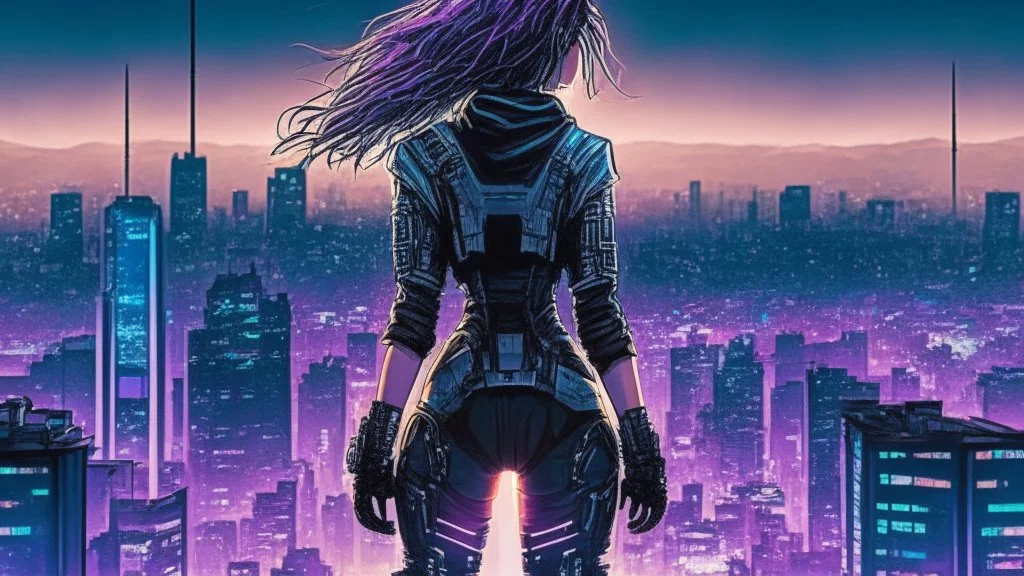 Clear Focus, High resolution, Beautiful girl standing backwards to a Cyberpunk skyline, comic style
