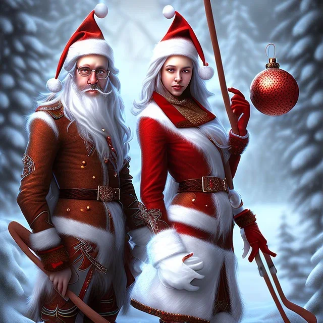 two elves. woman and man. Christmas scene. photorealistic. low-key