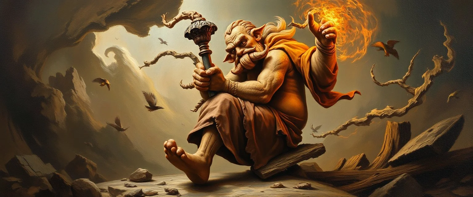 master oil painting by Rembrandt, good afternoon clay golem in the middle of twister whirlwind, in the style of disney