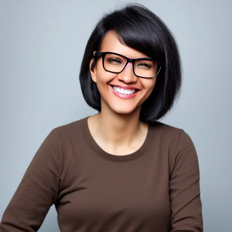 light brown woman with short black hair wide smile and glasses