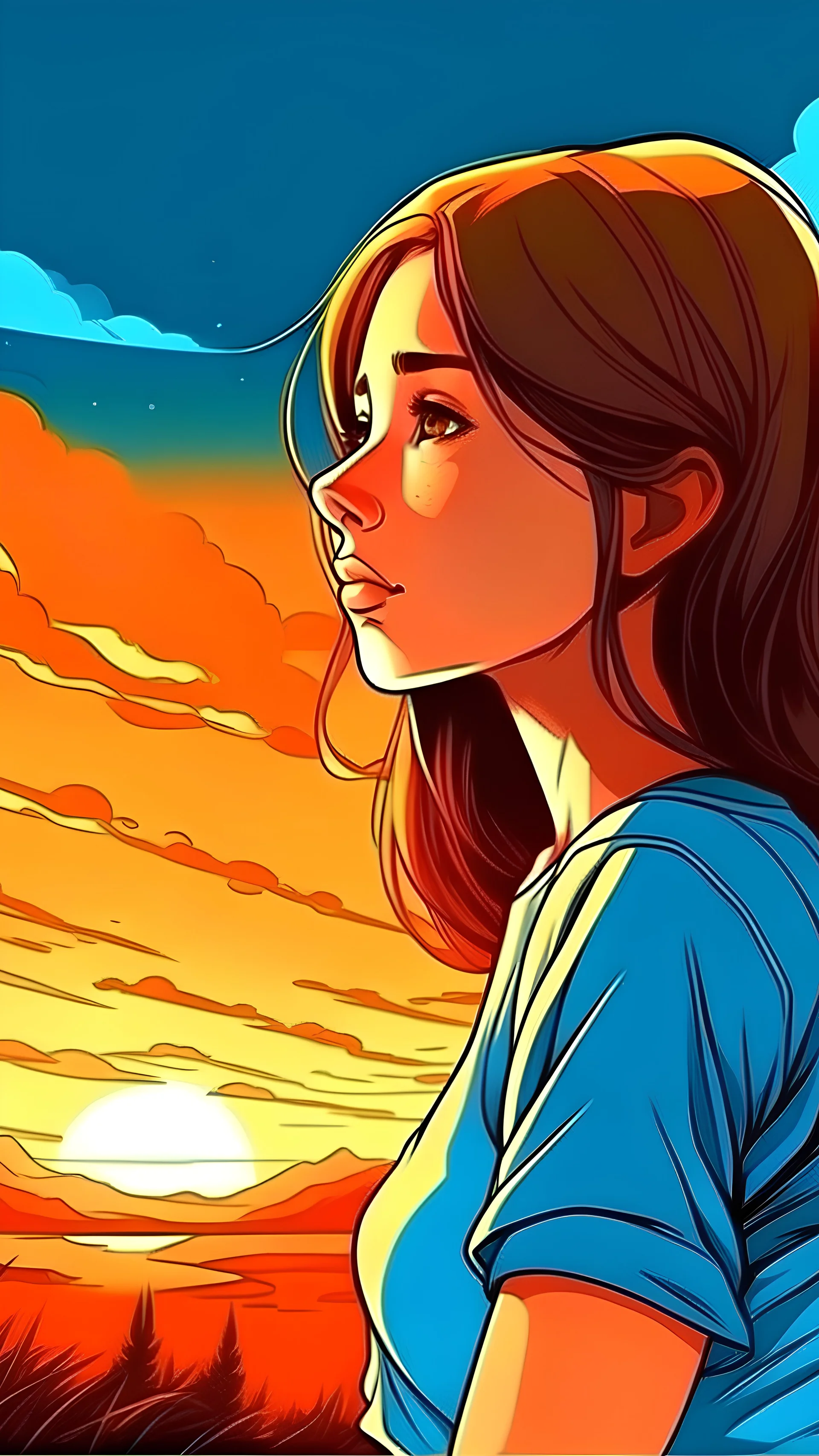 Draw me a picture in realistic cartoon style of 25 year old girl contemplating nature with blue sky and beautiful sunset.