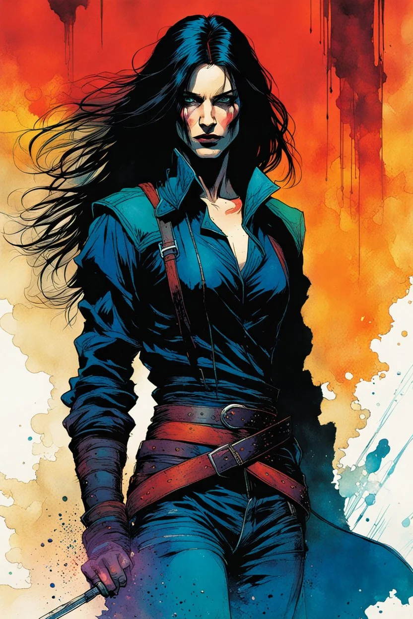 create an imaginative full body print illustration of an ethereal, otherworldly haggard and grim, raven haired female Witcher , in the comic book art style of Bill Sienkiewicz, Mike Mignola, and Jean Giraud Moebius, with highly detailed feminine facial features , finely drawn, colored and inked,