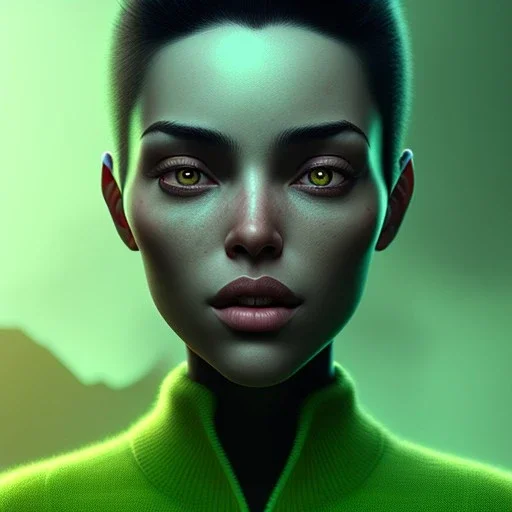 portrait, insanely detailed, heroïc fantasy setting, woman, dark-skinned, indian, octane render, black hair with green side hairlocks