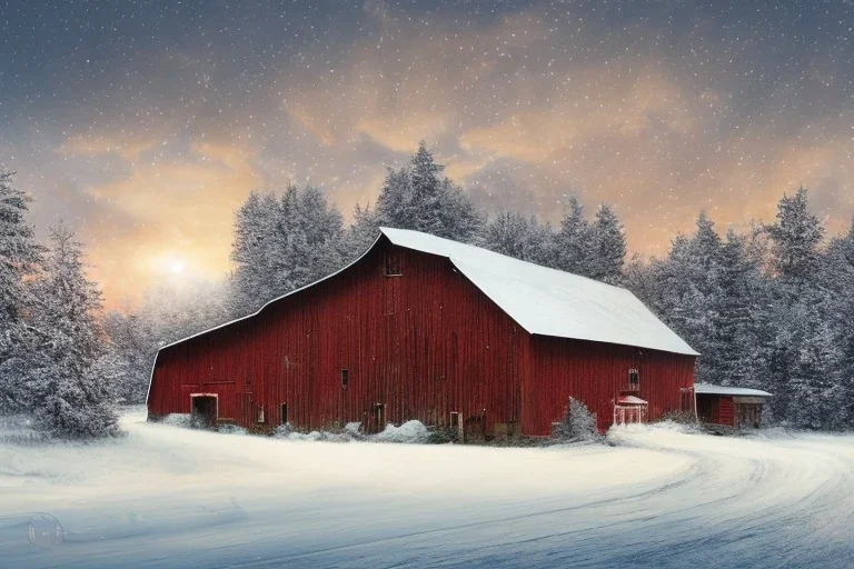 A barn in December, with snow on the ground