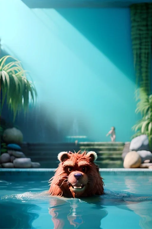 Realistic pool scene. big furry monster into water. Wes Anderson style. Red hair, smile, happy, gradient color fog. highly detailed, concept art, unreal engine 5, ray tracing, RTX, lumen lighting, ultra detail, volumetric lighting, 3d, finely drawn, high definition, high resolution.