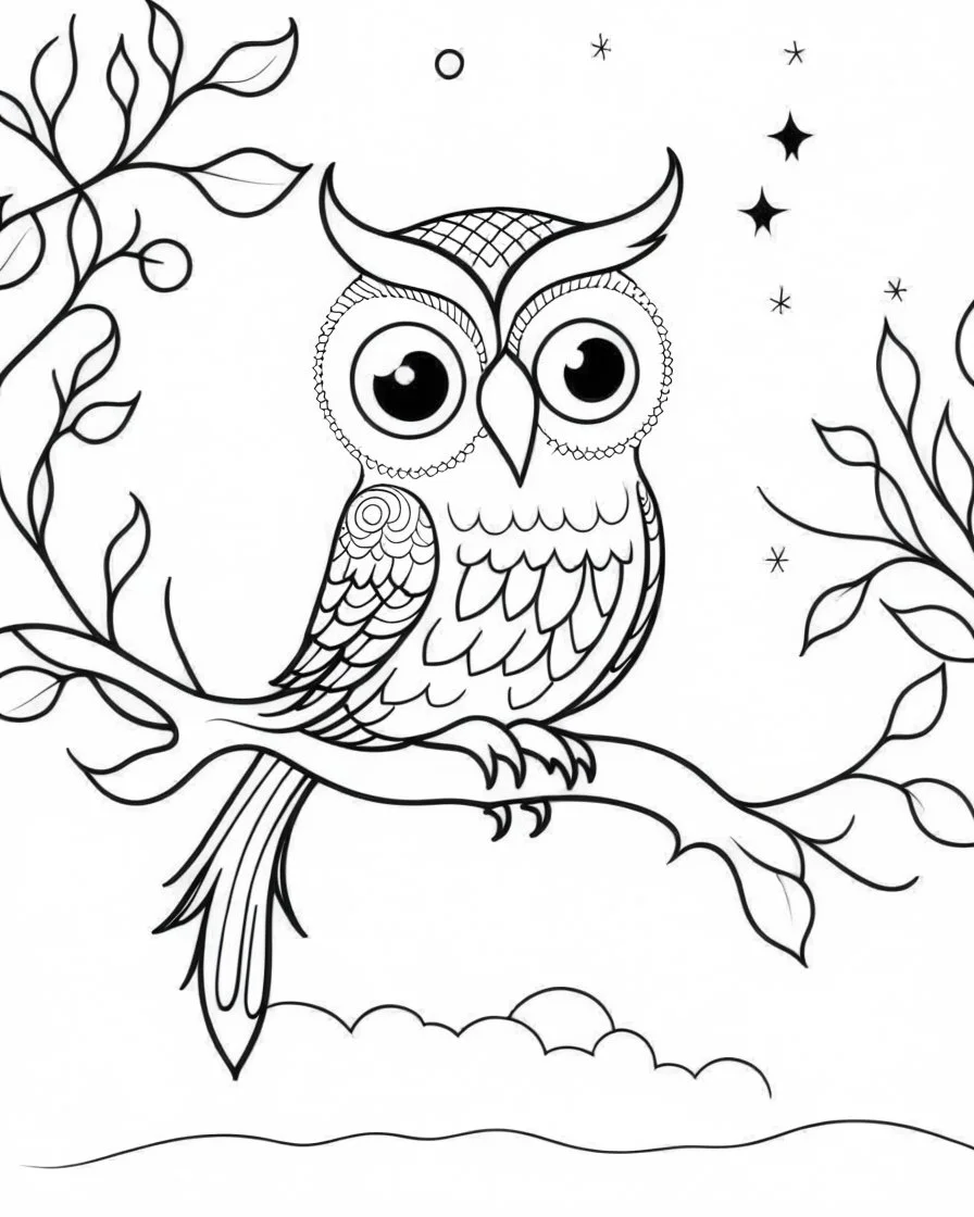 coloring page: "Adorable 1:1 cartoon depiction of a cute owl on a tree branch under a starry night, playful and vibrant palette, glowing stars, child-friendly, joyous and whimsical atmosphere."