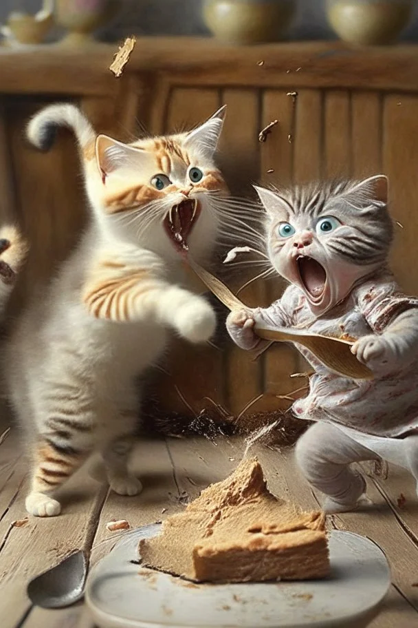 mother cat chasing baby cat with wooden spoon eating cake with wooden spoon at 70th bithday party