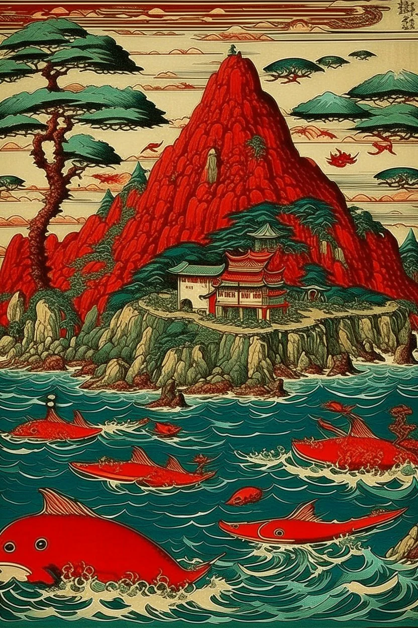 A red volcanic island with dolphins designed in Matryoshka dolls painted by Utagawa Hiroshige