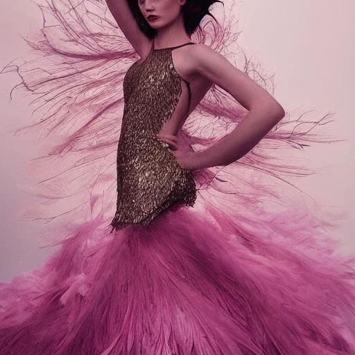 dress made out of feathers, sequins and tulle, stunning colors, chiaroscuro, fashion photography, vogue, dramatic, beautiful lighting, delicate composition, aesthetic, ballerina, ballgown