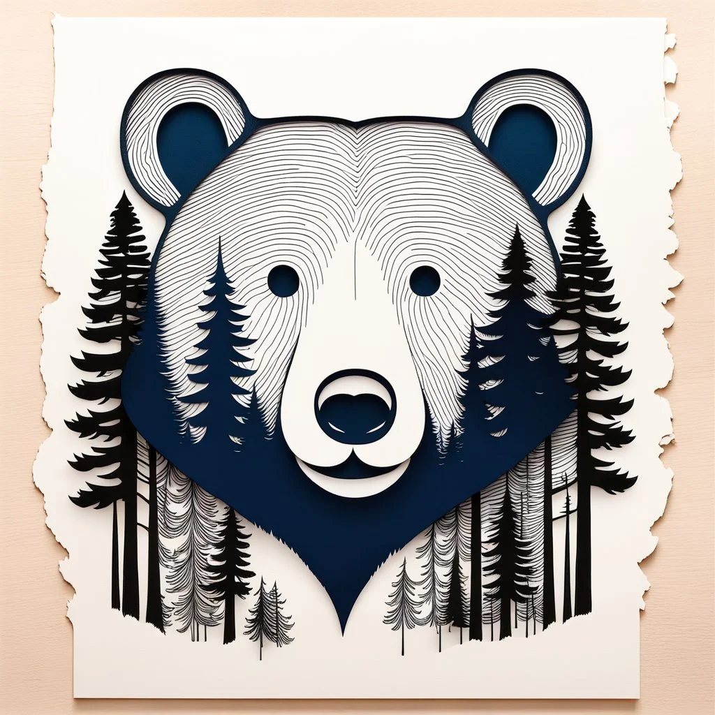 M shaped bear head combined with woods silhouette in backround, letterpress style, minimalistic pencil art