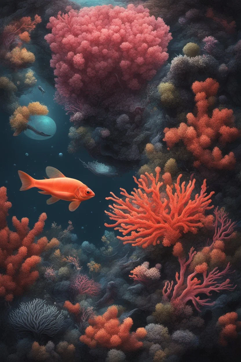 diseased Flora, fauna, and coral at the End of the Multiverse rising from a black liquid surface.