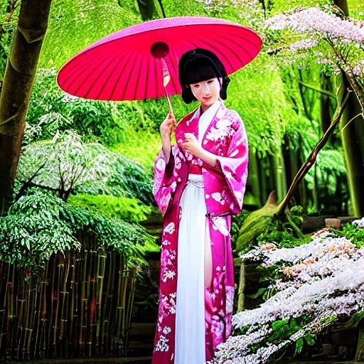 close-up of a gorgeous, stunning Japanese woman with bamboo umbrella, cherry blossoms, kimono, 8k, high-quality, ultra-fine detail, detailed matte, digital art, Brian Froud, Howard Lyon, Anna Dittman, Anne Stokes, Selina French, Greg Rutowski