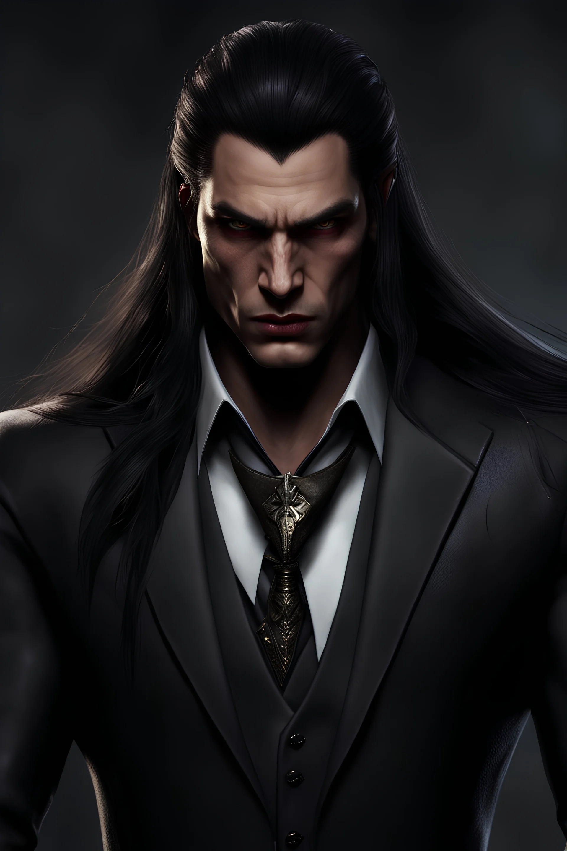 Portrait of modern Farkas(Skyrim) as evil human male with long dark hair , scowling, wearing a suit, photorealistic, 4k, dark fantasy