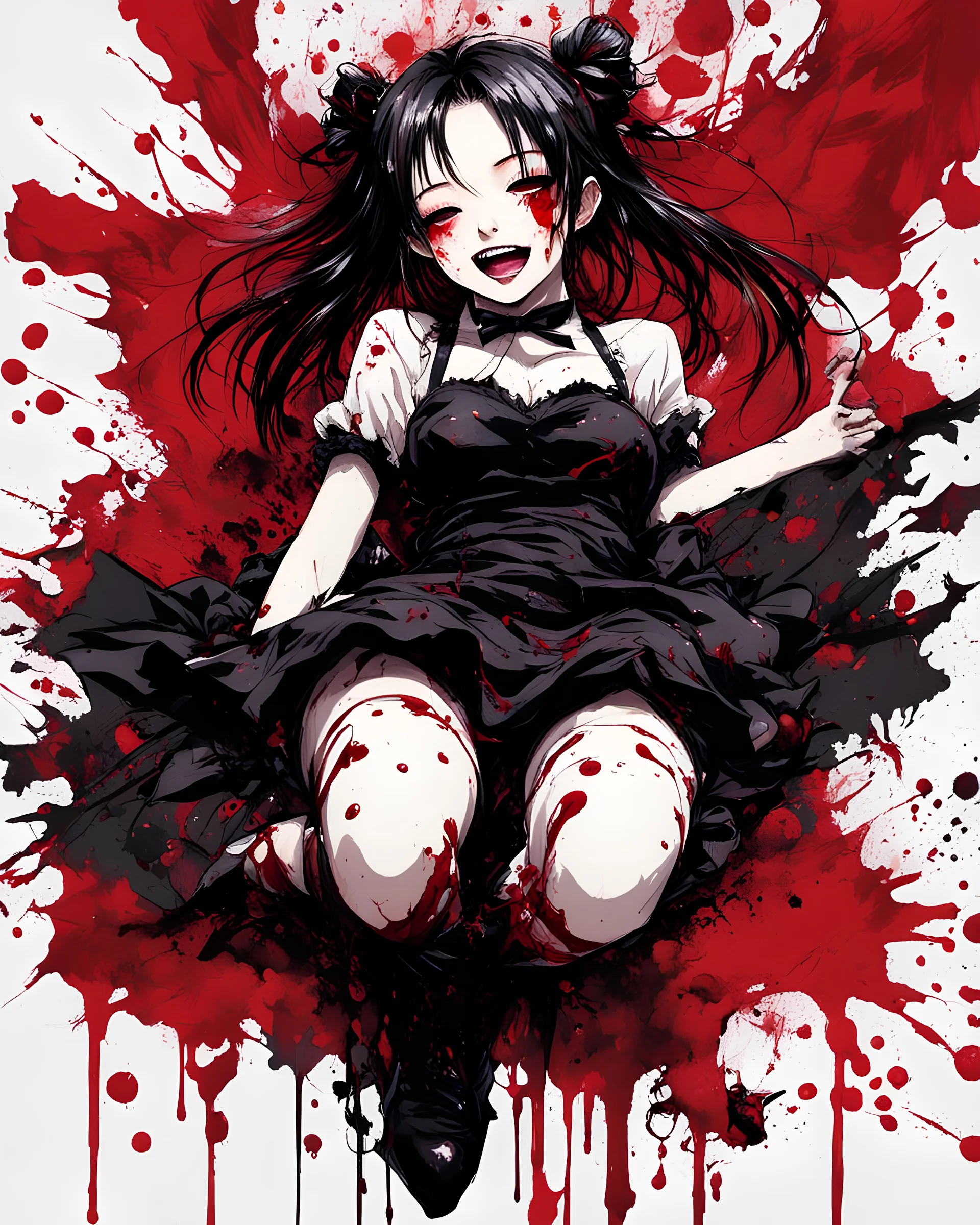 Petit girl goth, lying pose, fullbody, anormal, smile, behind blood guts splashes rising from the ground, illustration by <Yoji Shinkawa>, darkred tones,