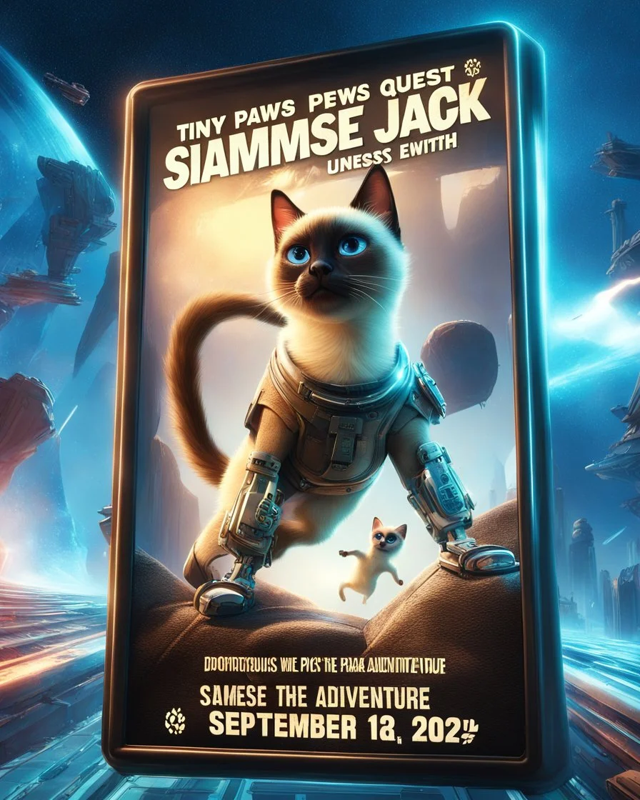 Create a realistic movie poster for 'Siamese Jack the Krack' featuring a siamese in an adventurous setting, with futuristic elements, dramatic lighting, and the tagline 'Tiny Paws, Epic Quests: Unleash the Adventure with Siamese Pete!' with a release date of September 13, 2024