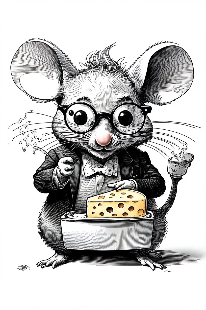 - “Mr. Whiskers McStreusel crazy old mouse with big nose doing magic inside his magic cheese shop, a wiry fellow with wild white hair and glasses so large they practically covered his whole face.” charcol sketch on white background