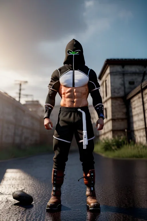 muscular ninja assassin, athletic build, wearing black and gray baggy pants with pockets, dark hood and balaclava mask, tan skin, big boots, dark hazel eyes, eyes are both in proportion and green, 3/4 look, short brown hair, large arms and hands, standing, dark cobblestone alley, one halo white light behind head, non photorealistic rendering in the art style of j.scott campbell