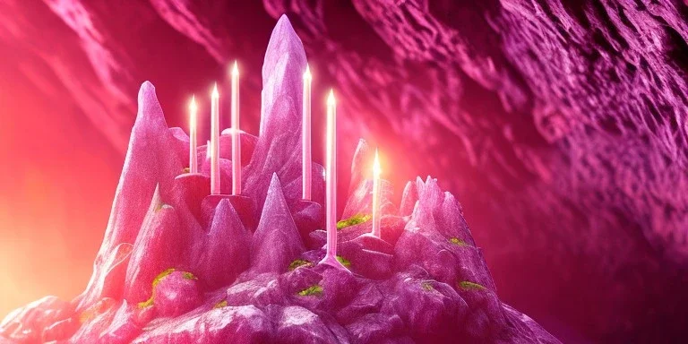 single pink crystal, on an altar in a foggy cave, cinematic,