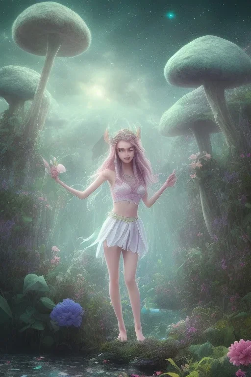 lac turquoise, ciel étoilé brillante, femme féerique, belle douce subtile, parfumée, voile d'étoile, petit rocher avec mousse, magic hobbit house,great flower fleurs pink and white, champignon magique, elfe très beau, etoile filante, cristaux, vray, cgi